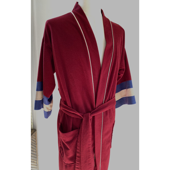 Vintage Mens Robe 80s 90s Retro Velour Color Block Pockets Belted Super Soft - Picture 1 of 10